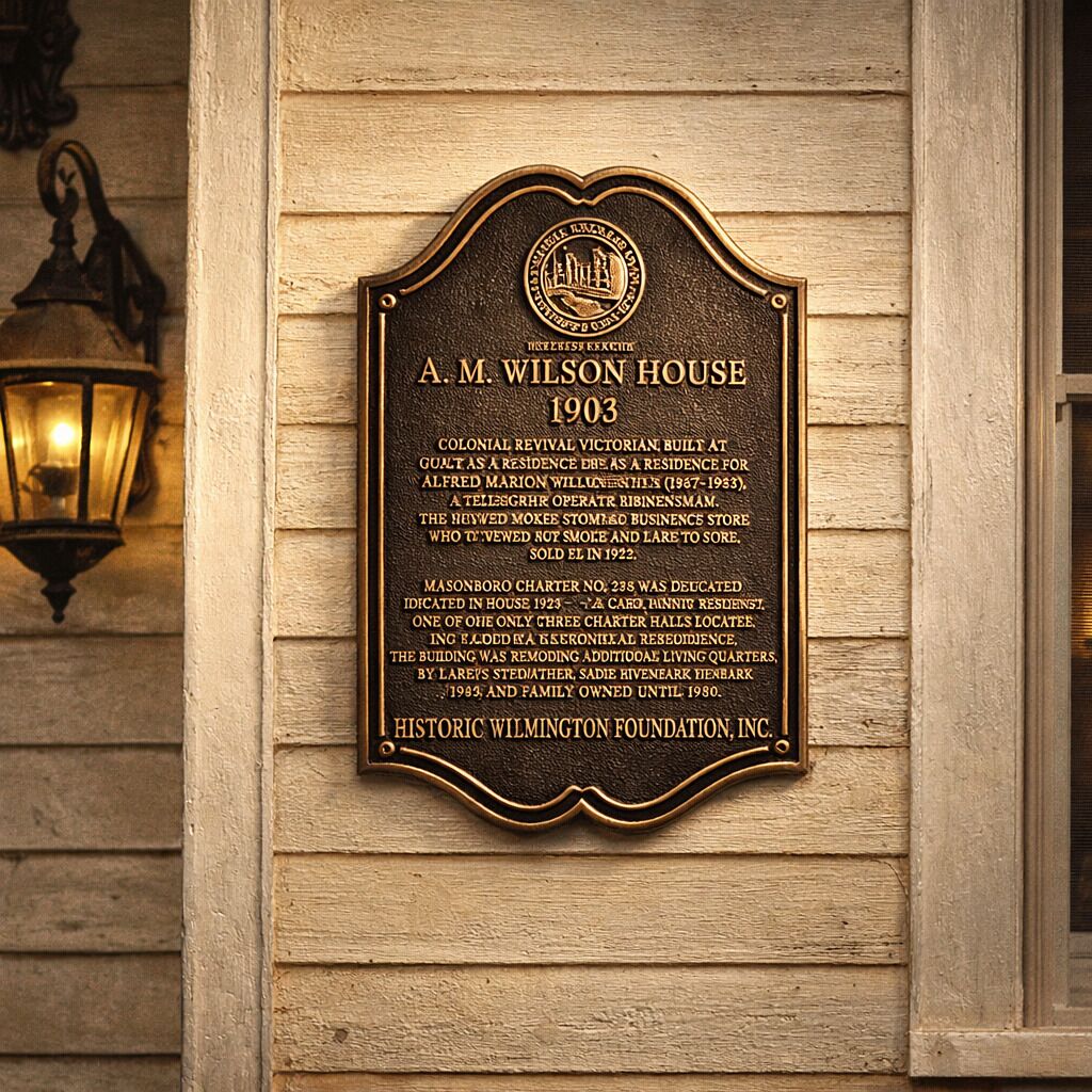 Placa em parede de um edifício com informações históricas sobre a Casa A.M. Wilson, construída em 1903, e propriedade da Historic Wilmington Foundation, Inc.