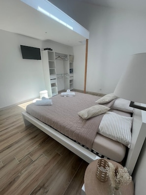 A modern bedroom with a bed, a wardrobe, and a flat-screen TV. - House with private pool - garden, parking, 2 bedrooms (Chasse-sur-Rhône)