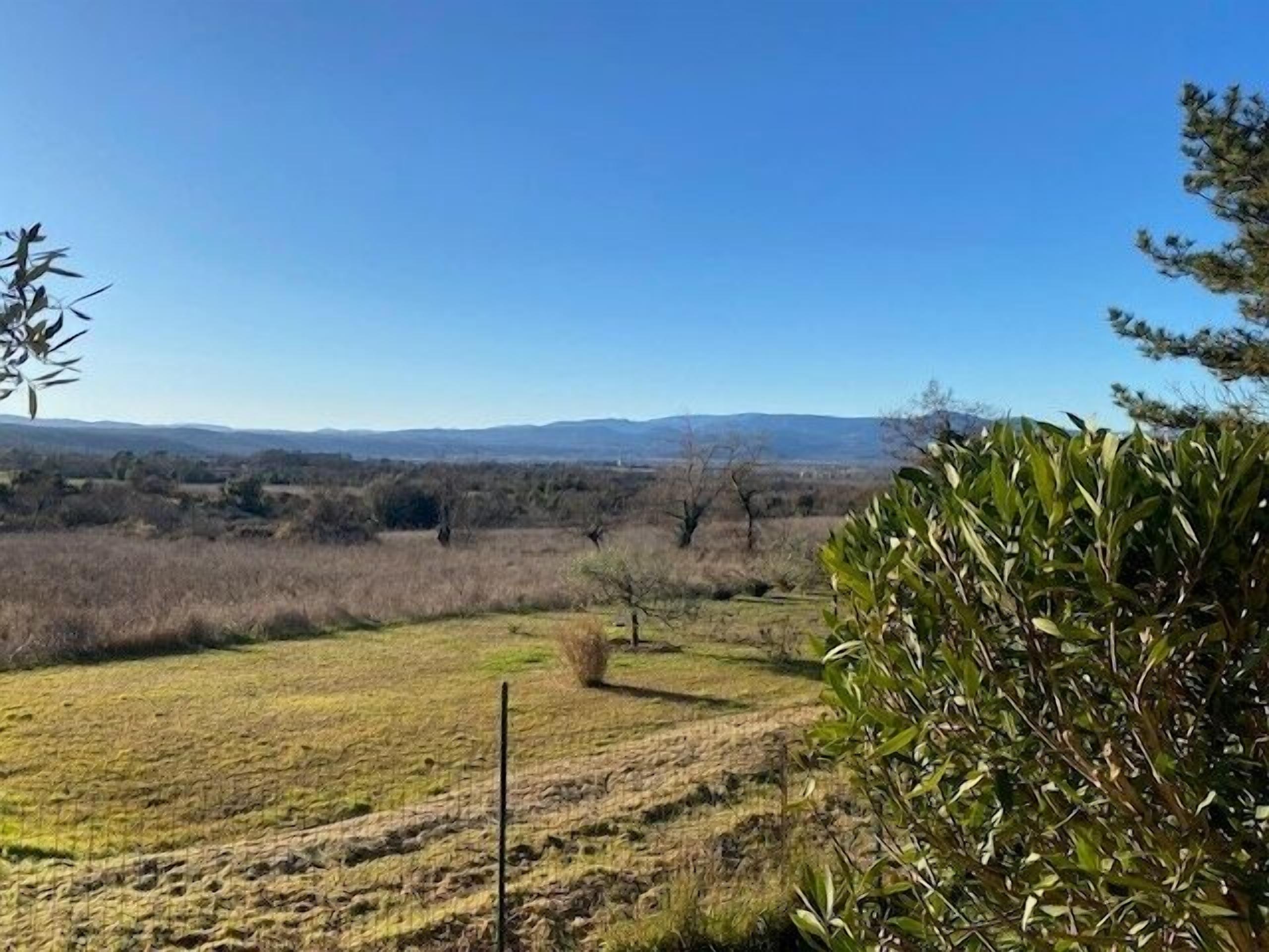 A rural landscape with a clear sky, a grassy field, and distant mountains.