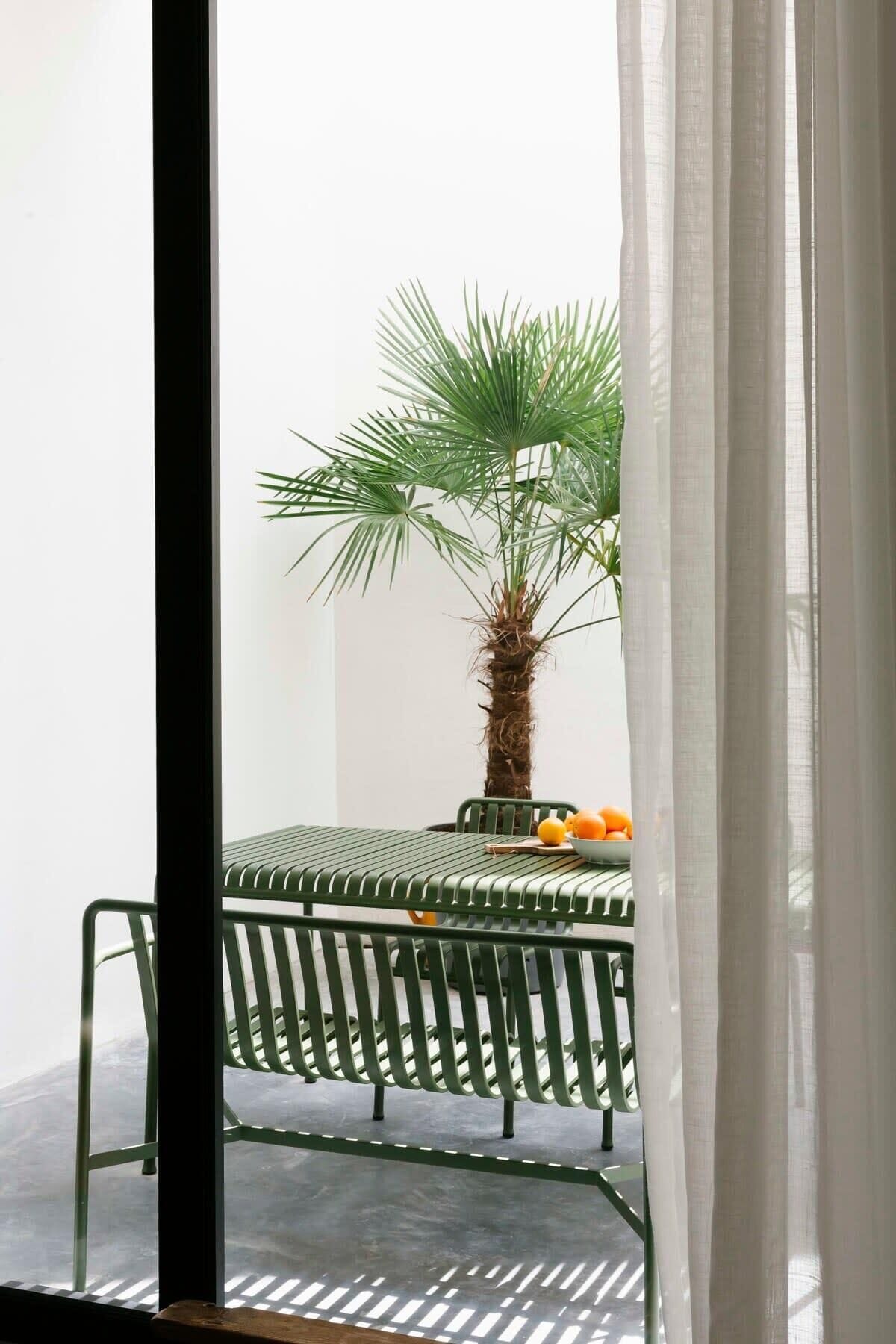 A room with a green metal bed frame, a small potted palm plant, and a table with oranges.