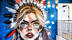 A mural with a person wearing a headdress with feathers and beads, a door with the number 301, and hanging light fixtures. - Lyse Jülide (Cesme)
