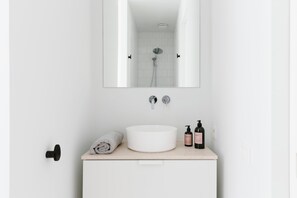 Douche, sèche-cheveux, serviettes fournies, shampoing