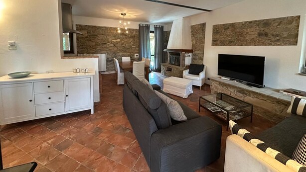 A living room with a sofa, TV, fireplace, stone wall, and dining area. - Apartment 'Casa La Corte in Capannori' with Private Pool, Wi-Fi & Air Conditioning (Capannori)