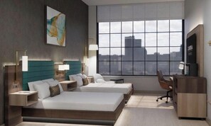 Ein modernes Hotelzimmer mit großem Fenster, zwei Betten, einem Schreibtisch und einem Sessel.