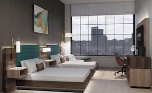 Una habitación de hotel moderna con dos camas, un escritorio, una silla y un ventanal con vistas a la ciudad.