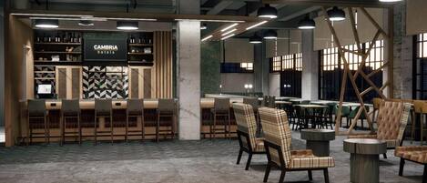 Eine moderne Bar mit einem CAMBRIA Hotels Schild, Barhocker und verschiedenen Sitzgelegenheiten, darunter Stühle und ein runder Tisch.