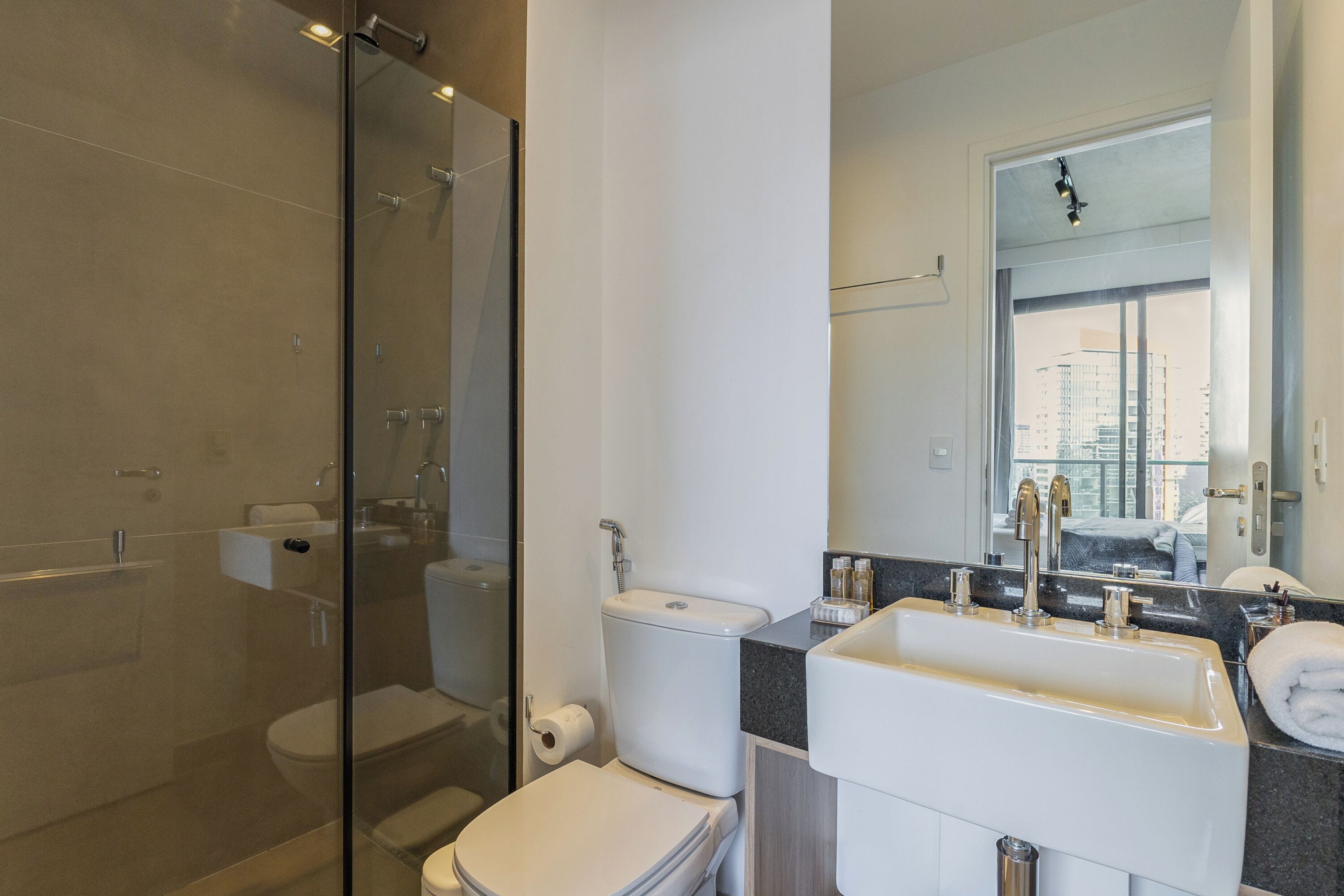A modern bathroom with a glass shower enclosure, a toilet, a sink with a vanity, and a large mirror reflecting the room.
