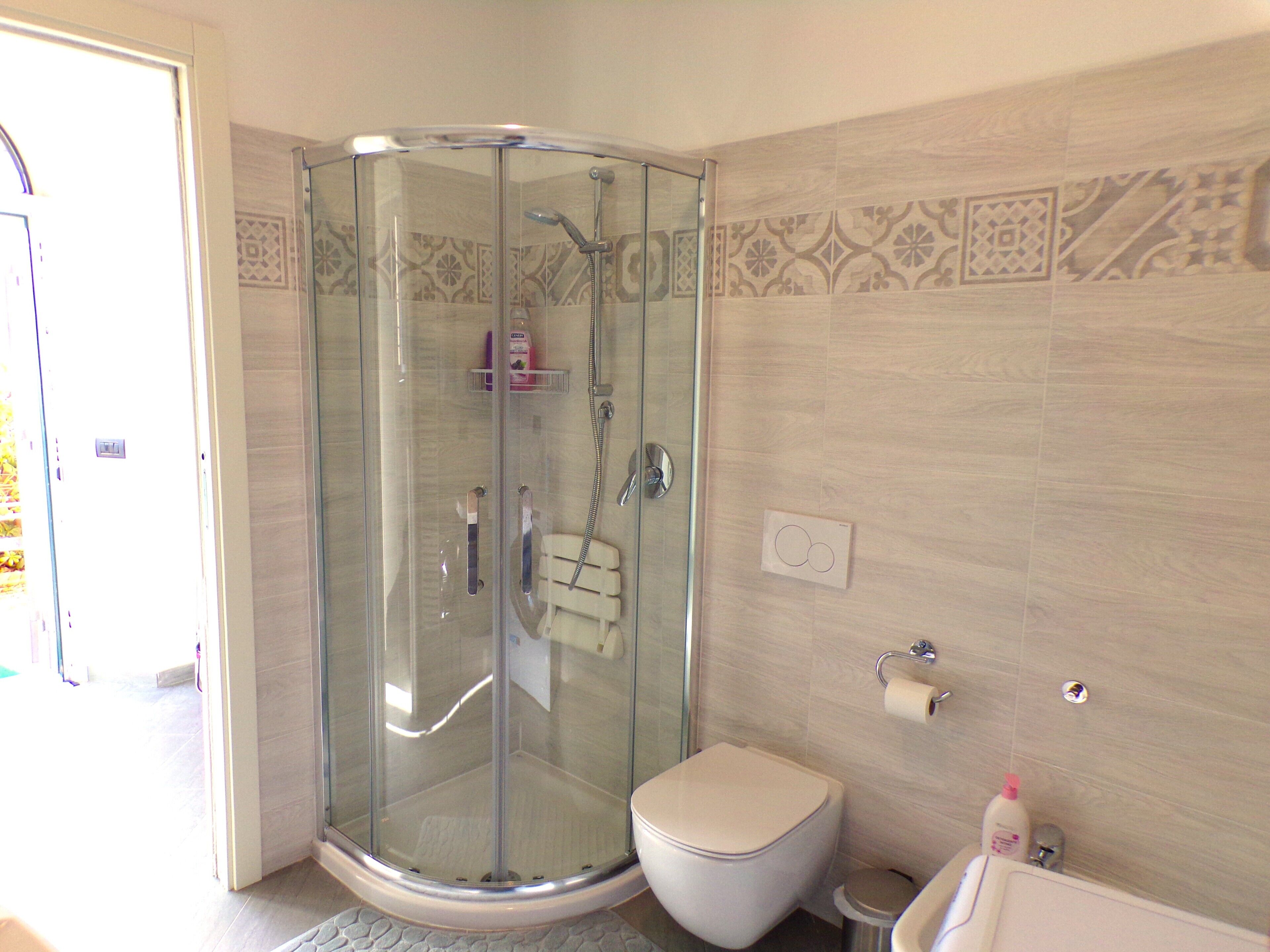 Shower, hair dryer, bidet, towels