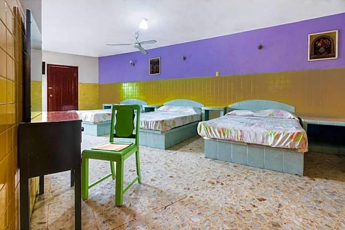 Habitación con dos camas, una silla y un ventilador de techo.