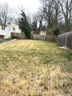 A backyard with a wooden fence, a grassy lawn, and a house in the background.