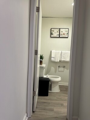 Hair dryer, towels, toilet paper