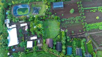 Vue aérienne d’une ferme comprenant différents bâtiments, notamment un étang, des panneaux solaires et plusieurs serres.