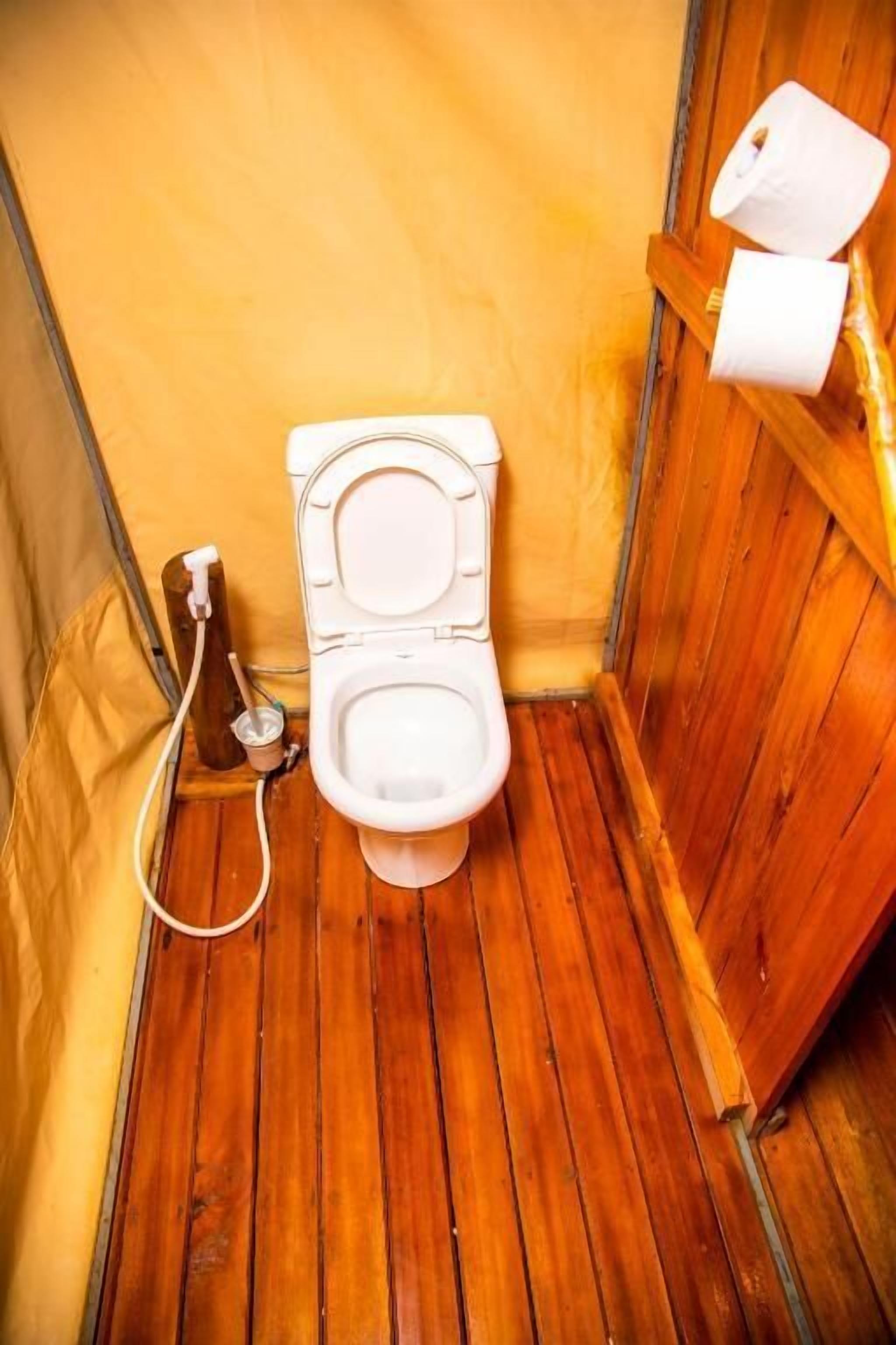 A small, wooden-floored bathroom with a white toilet, a hand pump, and a wooden shelf with toilet paper.
