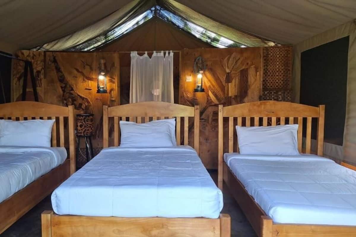 Ein Zimmer mit drei hölzernen Betten, jeweils mit weißer Bettwäsche. Das Zimmer besitzt eine geneigte Decke aus Holz, und Wände, die mit Holzschnitzereien verziert sind.