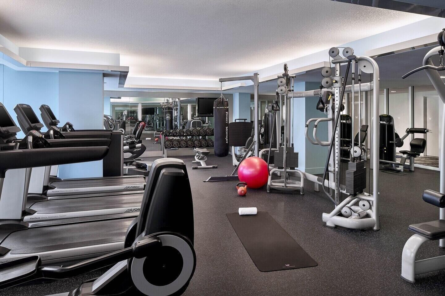 Una palestra moderna con attrezzature cardio, macchinari per pesi e pesi liberi.