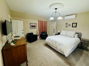 A hotel room with a bed, a desk, a chair, a TV, and a ceiling light.
