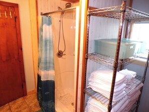 Shower, hair dryer, towels, soap