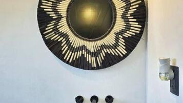 Hair dryer, towels, soap, shampoo