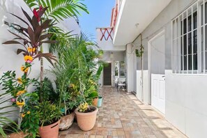 A narrow, tiled corridor with potted plants and a white wall. - Luna de Plata (Playa del Carmen)
