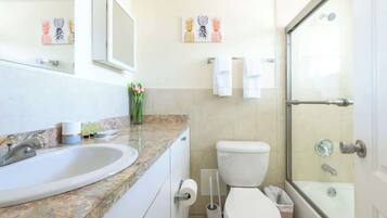 Shower, hair dryer, towels, shampoo