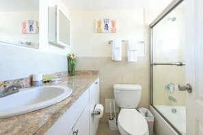 Dusche, Haartrockner, Handtücher, Shampoo