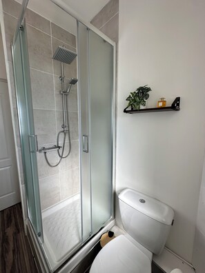 Dusche, Haartrockner, Handtücher, Toilettenpapier