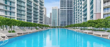 Outdoor pool, free pool cabanas, pool umbrellas