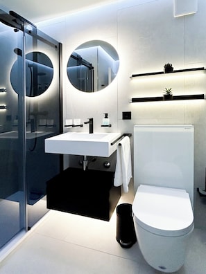 Shower, hair dryer, towels, soap