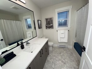 Hair dryer, towels, soap, toilet paper