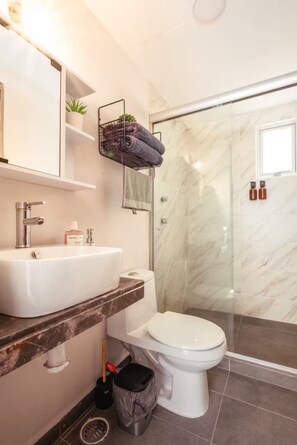 Shower, hair dryer, towels, soap