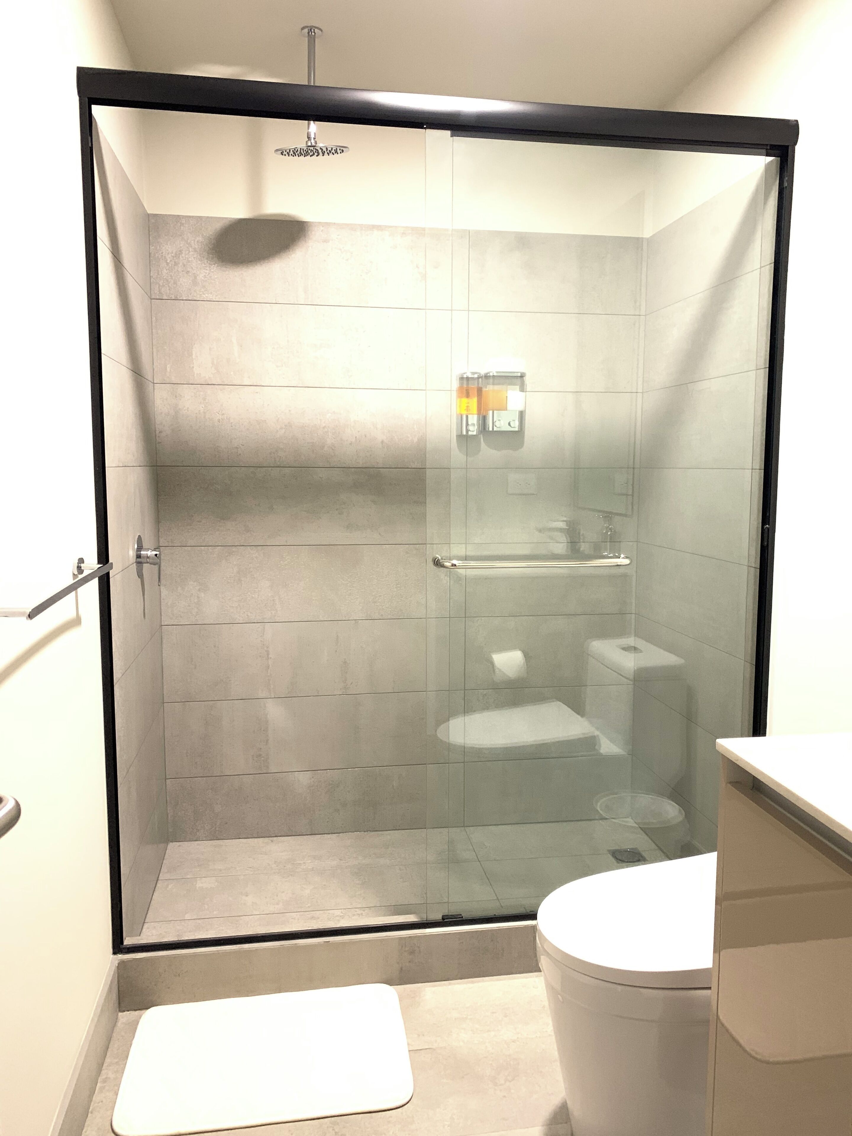 A glass-enclosed shower with a toilet and a sink visible through the glass.