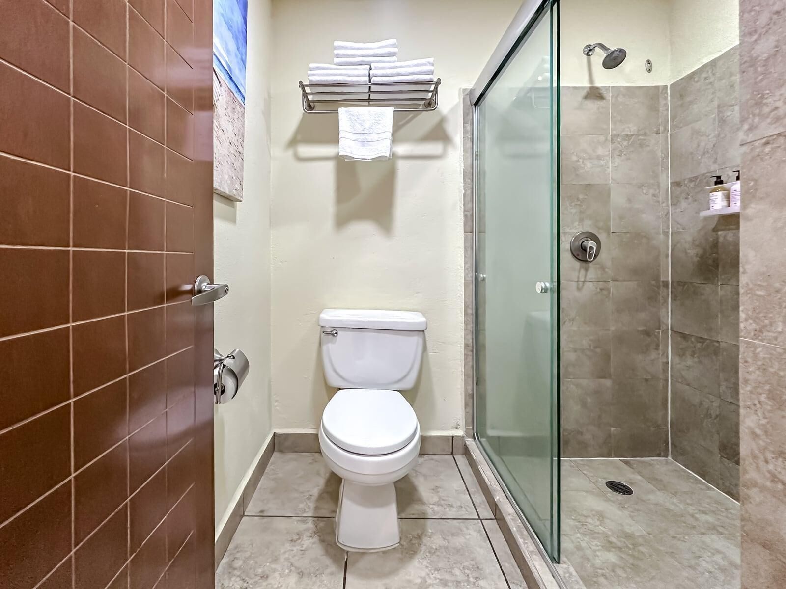 A bathroom with a toilet, a glass shower enclosure, and a towel rack with folded towels.