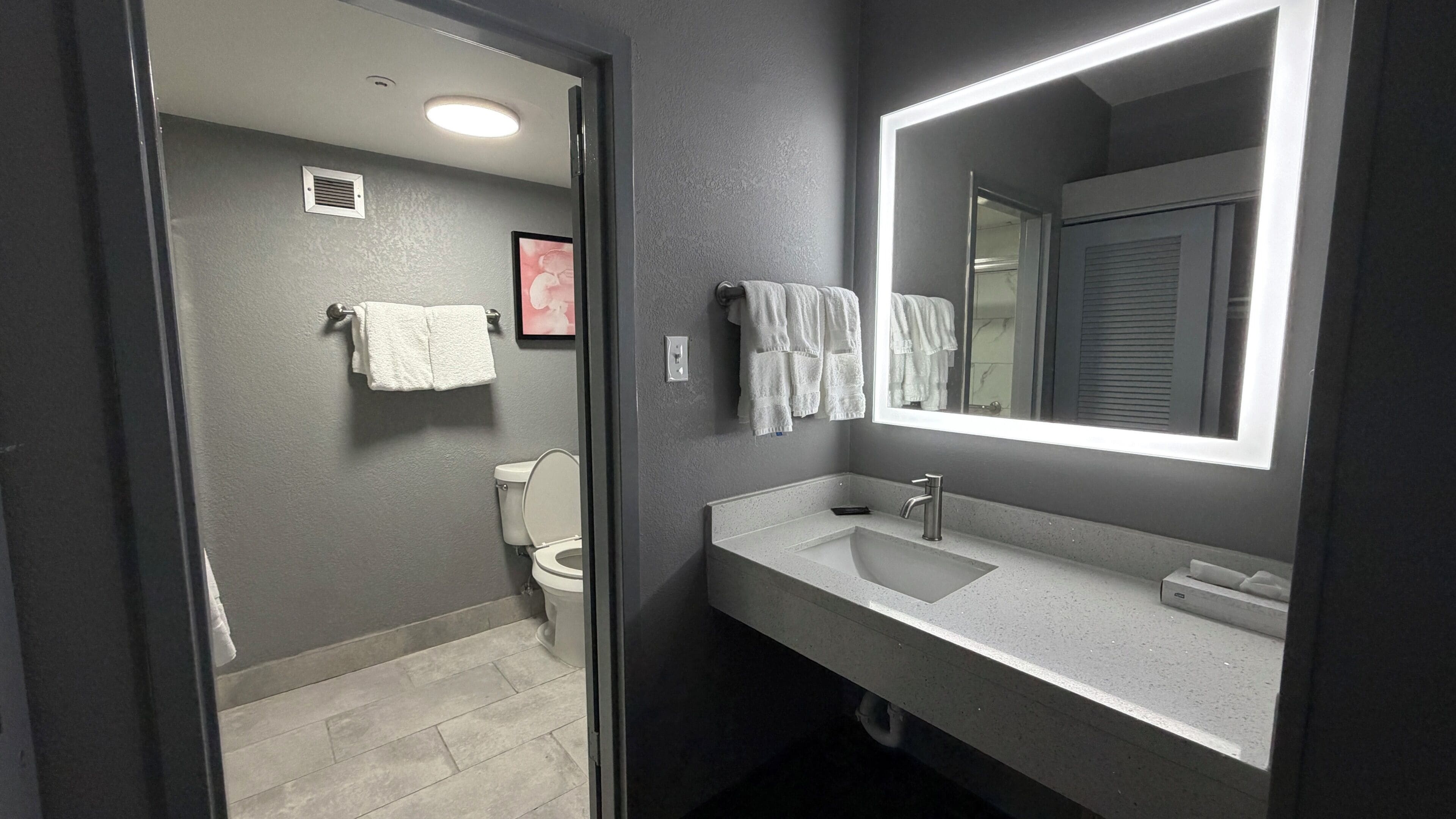 Une salle de bain équipée de toilettes, d’un lavabo, d’un miroir et d’un porte-serviettes.