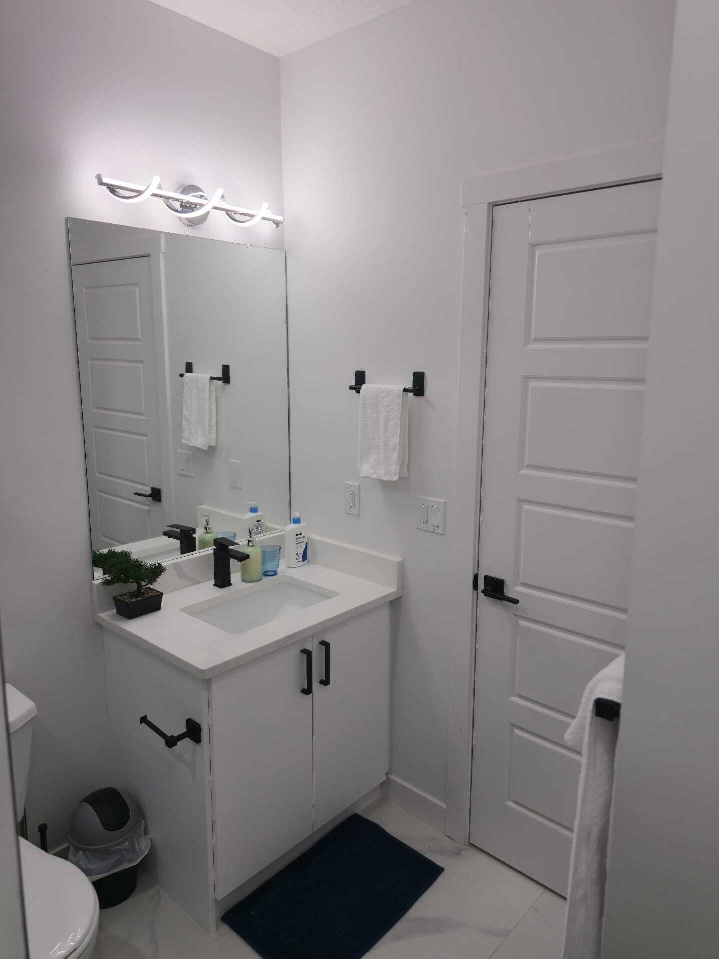 Et moderne badeværelse med en hvid vask, spejl og to håndklædestænger. Der er en lille potteplante på vaskeskålen og en sort skraldespand ved siden af toilettet.