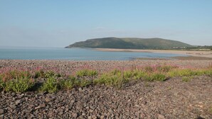 A rocky beach with pink flowers and a clear view of the sea and distant hills. - Barton Lodge (Minehead)