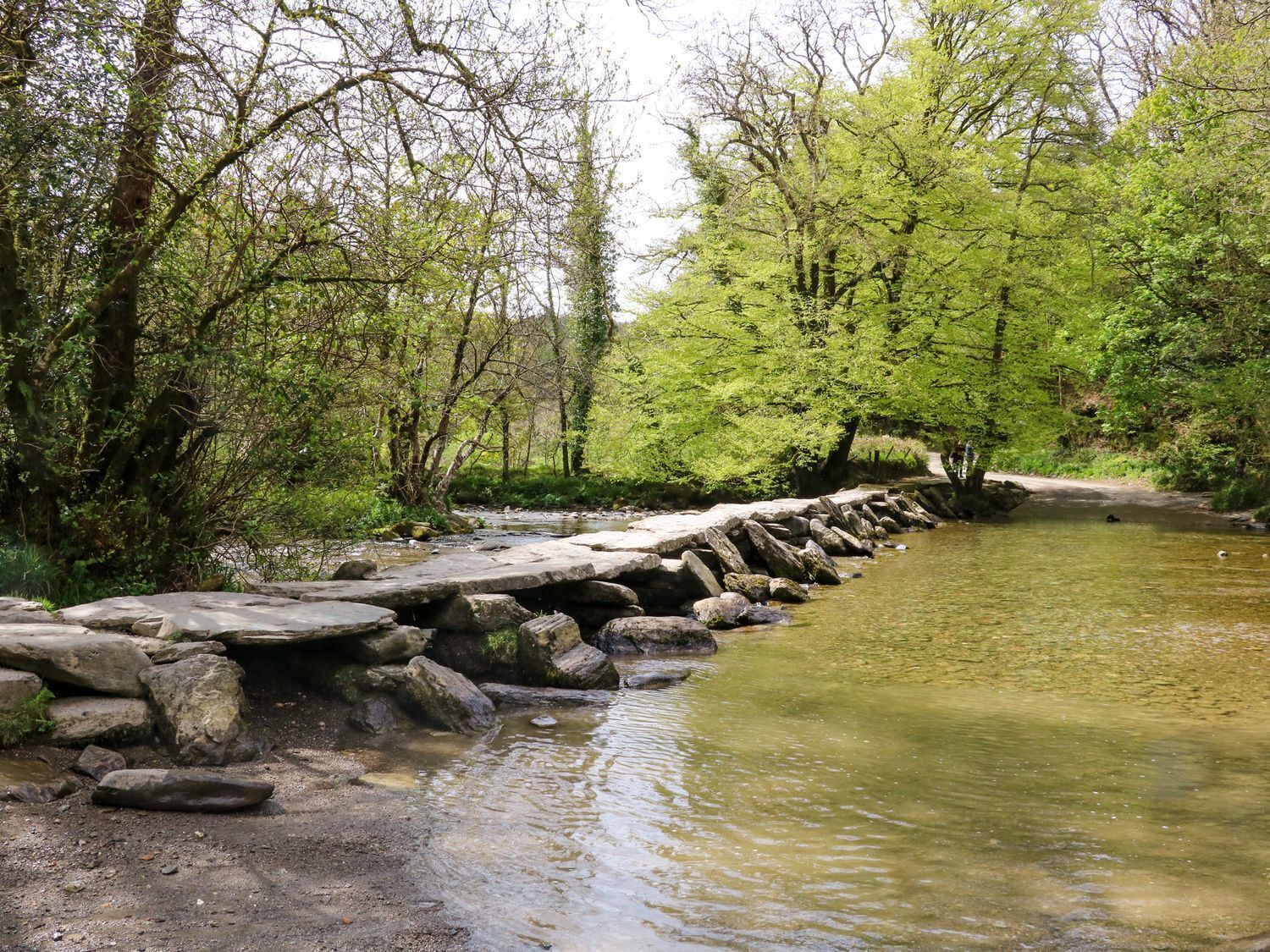 Un paisaje natural con un río, un puente de piedra y abundante vegetación.