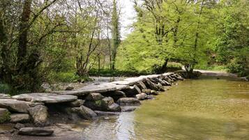 Un paisaje natural con un río, un puente de piedra y abundante vegetación.