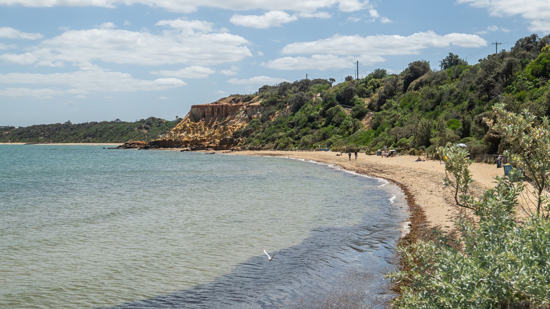 A coastal beach with a rocky cliff, clear blue water, and sparse vegetation.