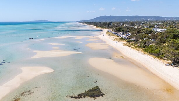 Una playa con aguas cristalinas y una orilla arenosa, rodeada de árboles y casas.