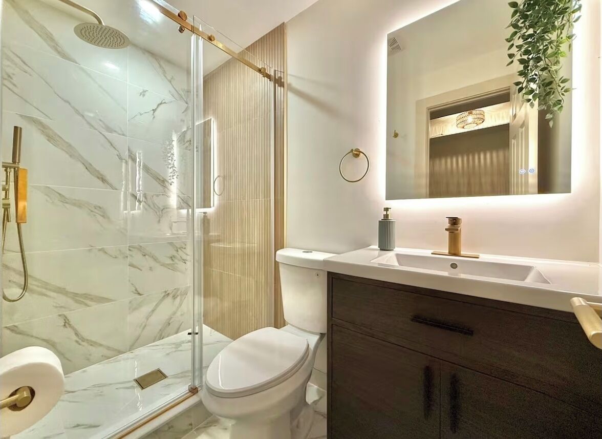 Hair dryer, towels, soap, toilet paper