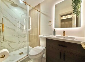 Hair dryer, towels, soap, toilet paper