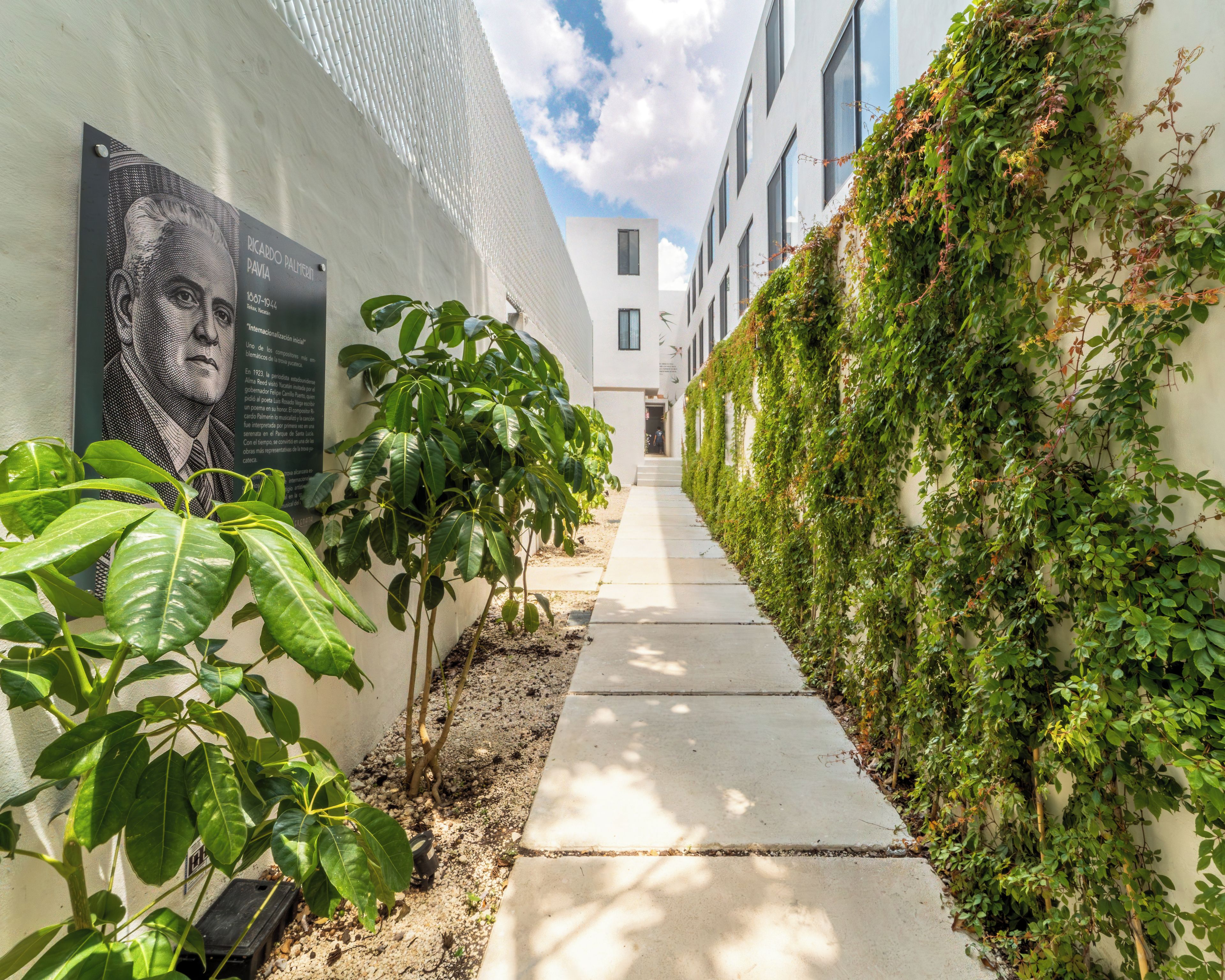 A narrow pathway flanked by white walls, with greenery and a mural.