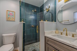 Shower, hair dryer, towels, soap - Low Tide Lounge  Coastal Retreat w/ Hot Tub (Atlantic Beach)