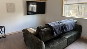 Una stanza con un divano grigio, una TV a parete, una finestra con persiane e un soffitto in legno.