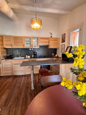 Fridge, microwave, oven, dishwasher - Les Ombres, charming duplex in the historic center (L'Isle-sur-la-Sorgue)