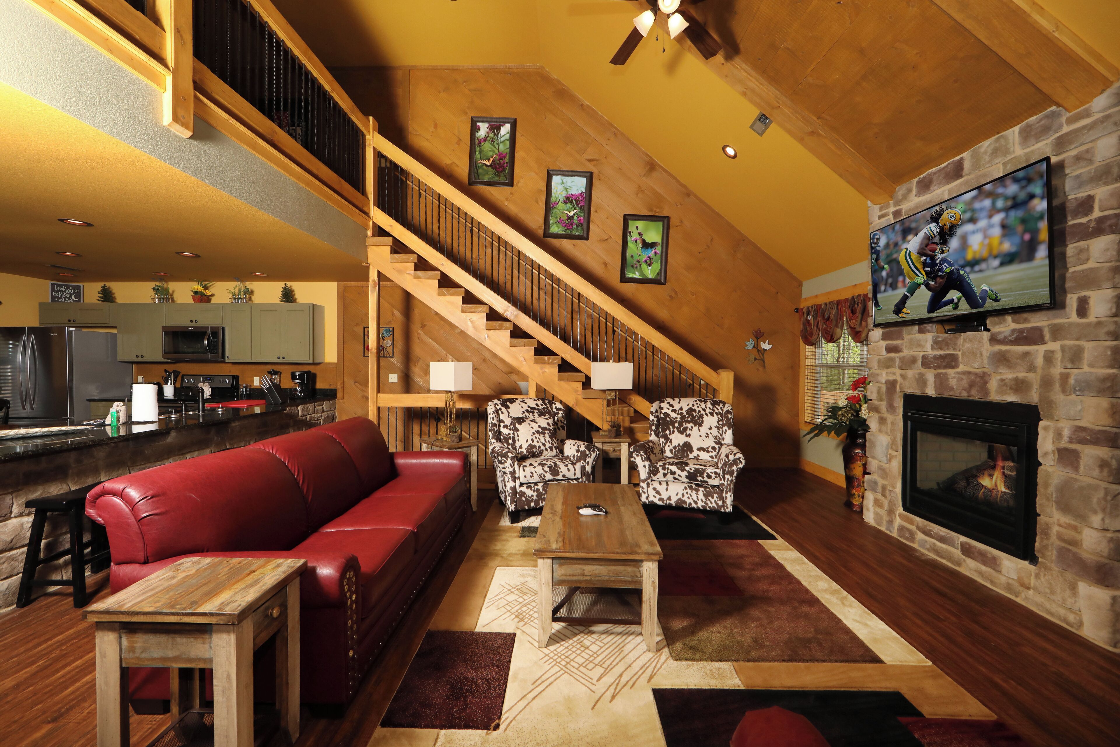 Smart TV, fireplace, DVD player, foosball