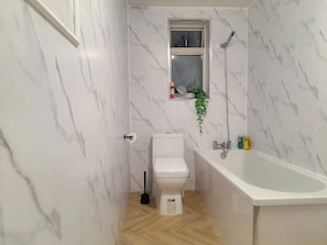 Shower, hair dryer, shampoo