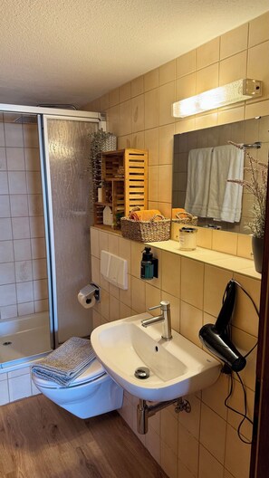 Dusche, Haartrockner, Handtücher, Seife