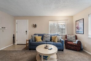 Smart TV, fireplace, books