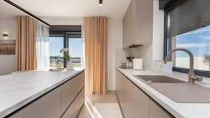 A modern kitchen with a large window, a sink, and a countertop with a vase of flowers. - Luxurious home in Policnik (Policnik)